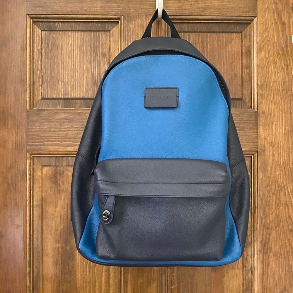 Dual gender leather Coach backpack navy/light blue